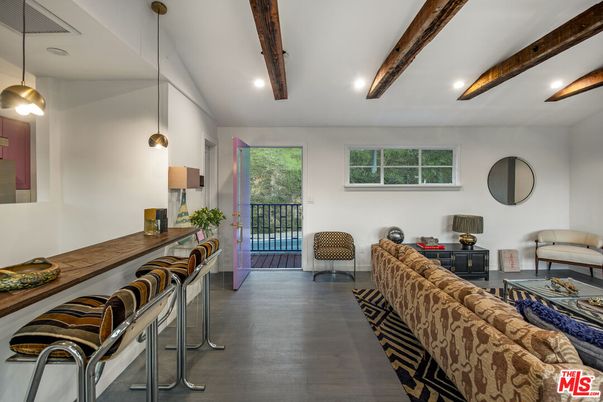 Interior, Living room, Pendant Lights, Recessed Lighting, Wooden Beams, Wood Texture Flooring