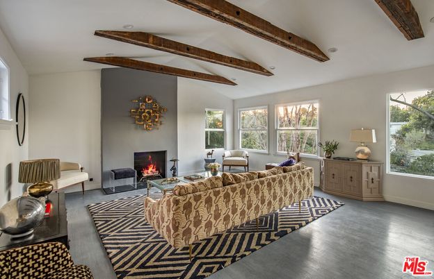 Fireplace, Interior, Living room, Recessed Lighting, Wooden Beams, Wood Texture Flooring
