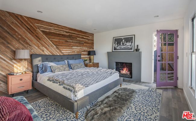 Bedroom, Fireplace, Interior, Recessed Lighting, Wood Texture Flooring, Wooden Walls