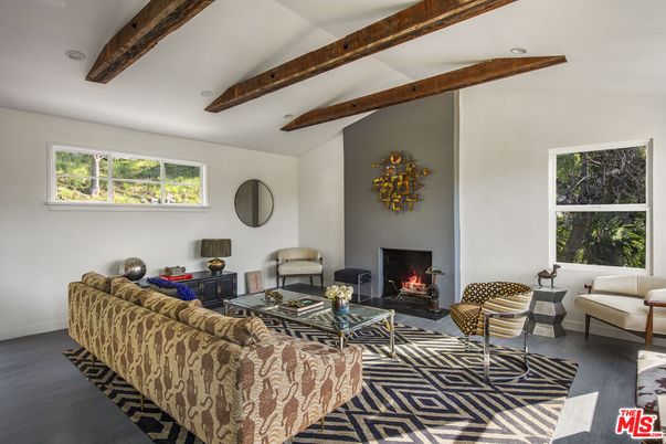 Fireplace, Interior, Living room, Recessed Lighting, Wooden Beams