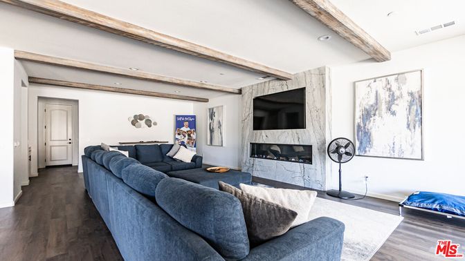 Fireplace, Interior, Living room, Recessed Lighting, Wooden Beams, Wood Texture Flooring