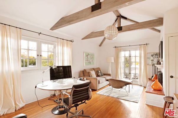 Fireplace, Home Office, Interior, Living room, Pendant Lights, Wooden Beams, Wood Texture Flooring