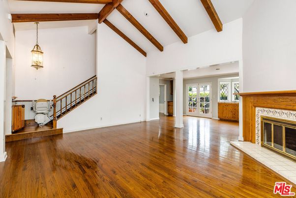 Empty room, Fireplace, Interior, Pendant Lights, Wooden Beams, Wood Texture Flooring