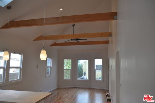 Empty room, Interior, Pendant Lights, Recessed Lighting, Wooden Beams, Wood Texture Flooring