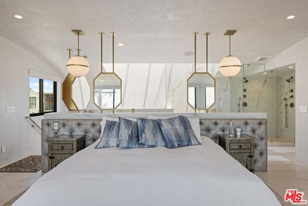 Bedroom, Interior, Marble Walls, Pendant Lights, Recessed Lighting