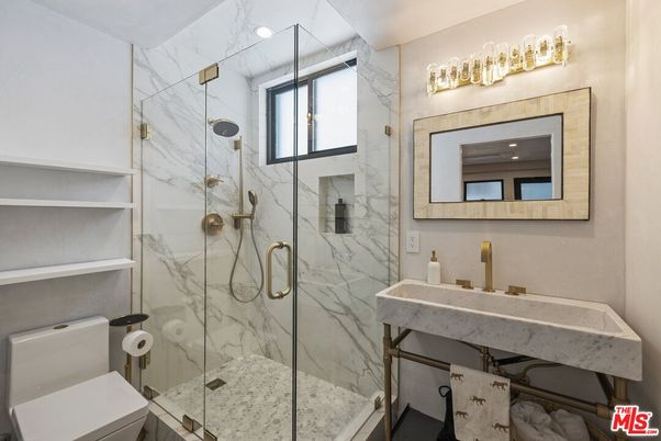 Bathroom, Glass Shower, Interior, Marble Walls, Recessed Lighting