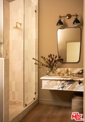Bathroom, Glass Shower, Interior, Wood Texture Flooring