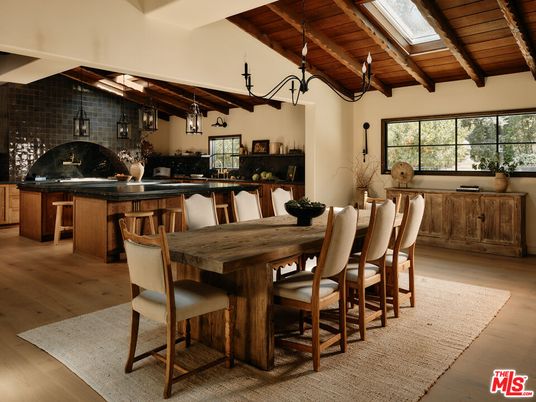 Chandelier, Dining room, Interior, Kitchen, Pendant Lights, Stone Walls, Wooden Beams, Wooden Ceilings, Wood Texture Flooring