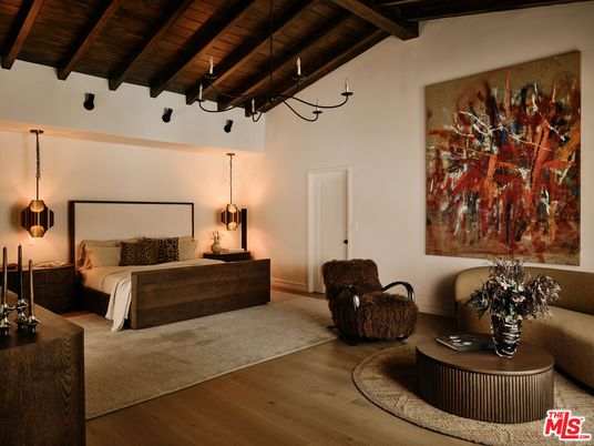 Bedroom, Interior, Pendant Lights, Wooden Beams, Wooden Ceilings, Wood Texture Flooring