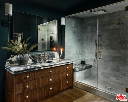 Bathroom, Glass Shower, Interior, Marble Walls, Wood Texture Flooring