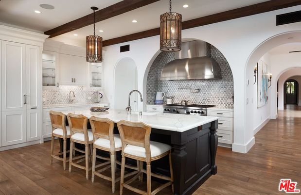 Interior, Kitchen, Pendant Lights, Recessed Lighting, Stainless Steel Appliances, Wooden Beams, Wood Texture Flooring