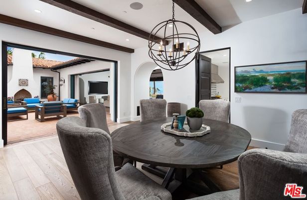 Chandelier, Dining room, Interior, Living room, Recessed Lighting, Wooden Beams, Wood Texture Flooring