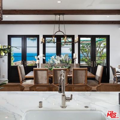 Dining room, Interior, Pendant Lights, Recessed Lighting, Water, Wooden Beams