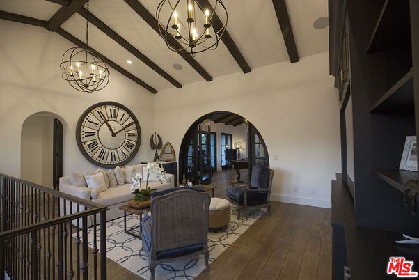 Chandelier, Interior, Living room, Recessed Lighting, Wooden Beams, Wood Texture Flooring