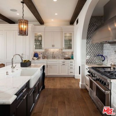 Interior, Kitchen, Pendant Lights, Recessed Lighting, Stainless Steel Appliances, Wooden Beams, Wood Texture Flooring