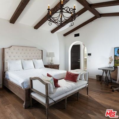 Bedroom, Chandelier, Interior, Wooden Beams, Wood Texture Flooring