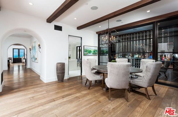 Chandelier, Dining room, Interior, Recessed Lighting, Wooden Beams, Wood Texture Flooring