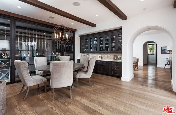 Chandelier, Dining room, Interior, Recessed Lighting, Wooden Beams, Wood Texture Flooring