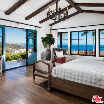 Bedroom, Chandelier, Interior, Water, Wooden Beams, Wood Texture Flooring
