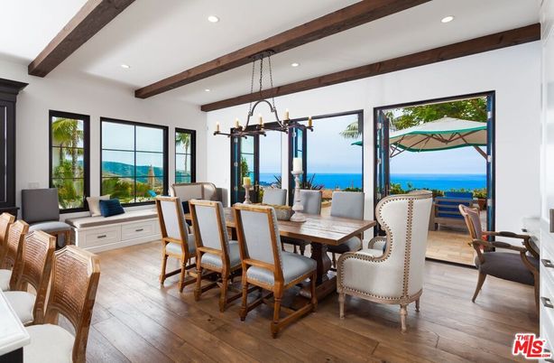 Chandelier, Dining room, Interior, Pendant Lights, Recessed Lighting, Water, Wooden Beams, Wood Texture Flooring