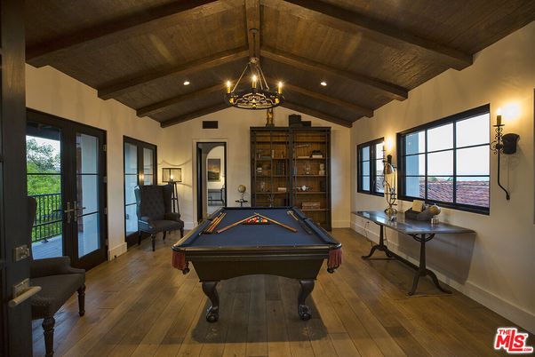 Billiard Table, Chandelier, Game Room, Interior, Recessed Lighting, Wooden Beams, Wooden Ceilings, Wood Texture Flooring