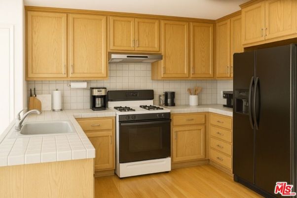 Interior, Kitchen, Tile Countertops, Wood Texture Flooring