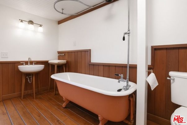 Bathroom, Free Standing Baths, Interior, Wood Texture Flooring, Wooden Walls
