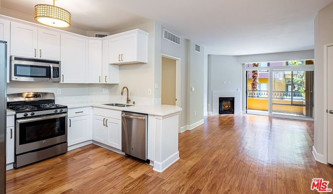 Fireplace, Interior, Kitchen, Stainless Steel Appliances, Wood Texture Flooring