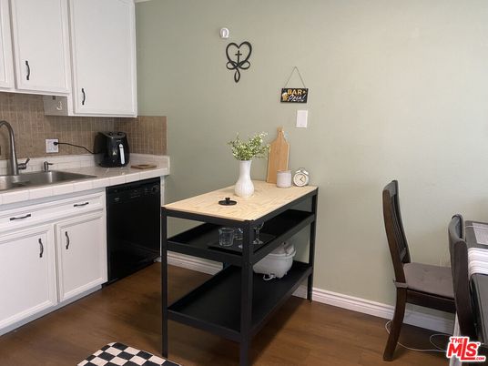 Interior, Kitchen, Tile Countertops, Wood Texture Flooring