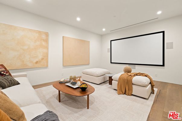 Interior, Projection Screen, Recessed Lighting, Theatre Room, Wood Texture Flooring