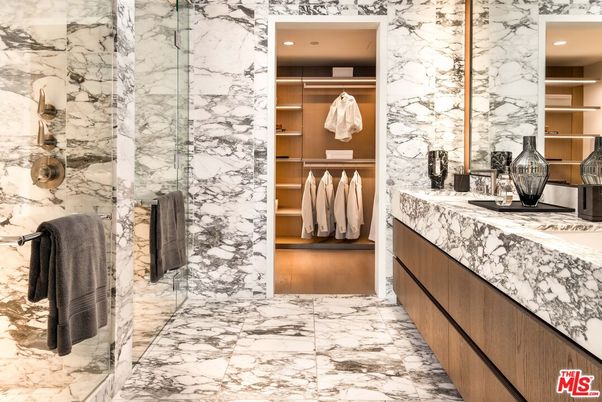 Bathroom, Glass Shower, Interior, Marble, Marble Walls, Recessed Lighting, Walk-in Closets