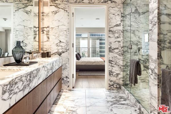 Bathroom, Glass Shower, Interior, Marble, Marble Walls, Recessed Lighting