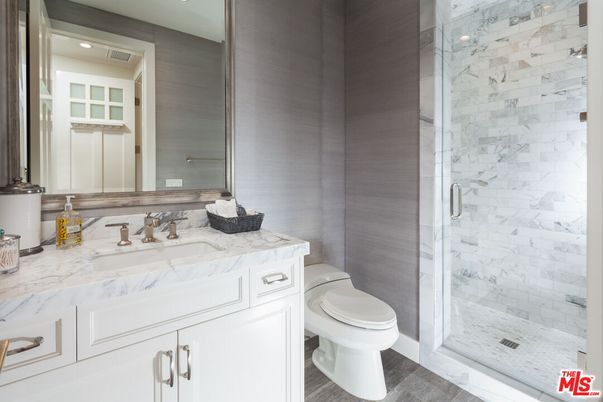 Bathroom, Glass Shower, Interior, Marble Walls, Recessed Lighting, Wood Texture Flooring