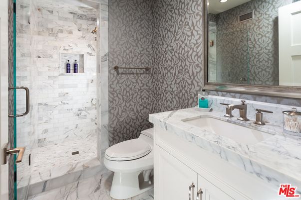 Bathroom, Glass Shower, Interior, Marble, Marble Walls, Recessed Lighting