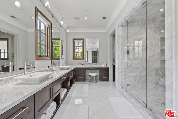 Bathroom, Dual Sink Vanities, Glass Shower, Interior, Marble, Marble Walls, Recessed Lighting