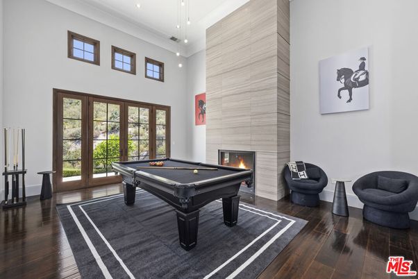 Billiard Table, Fireplace, Game Room, Interior, Recessed Lighting, Wood Texture Flooring