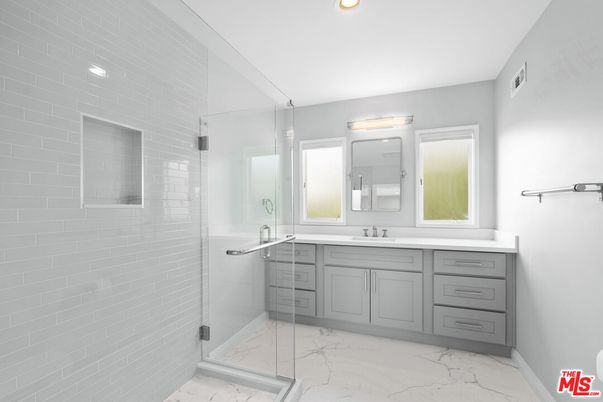 Bathroom, Glass Shower, Interior, Marble, Recessed Lighting