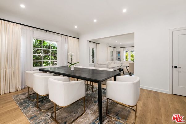 Dining room, Interior, Living room, Recessed Lighting, Wood Texture Flooring