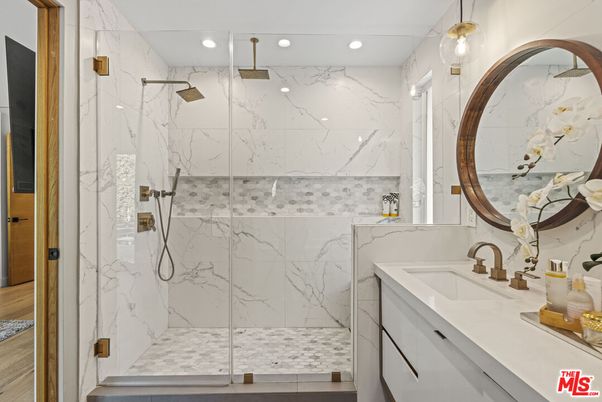 Bathroom, Glass Shower, Interior, Marble Walls, Pendant Lights, Recessed Lighting