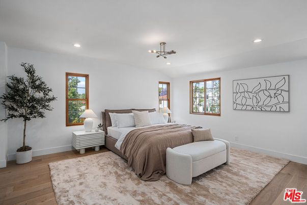 Bedroom, Interior, Pendant Lights, Recessed Lighting, Wood Texture Flooring