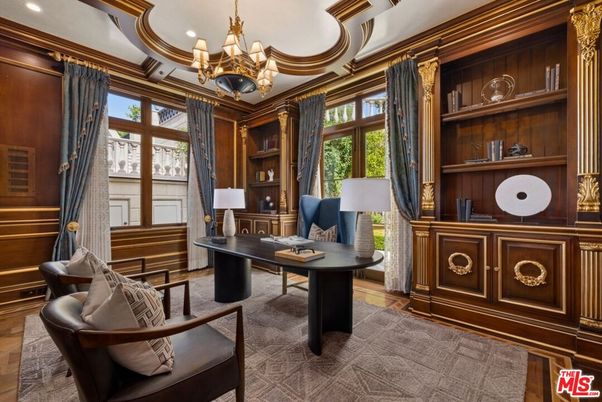 Chandelier, Home Office, Interior, Recessed Lighting, Wood Texture Flooring, Wooden Walls