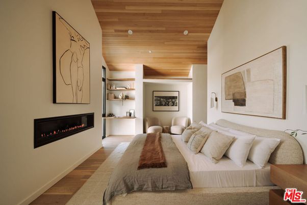 Bedroom, Fireplace, Interior, Living room, Recessed Lighting, Wooden Ceilings, Wood Texture Flooring