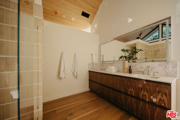 Bathroom, Interior, Recessed Lighting, Wooden Ceilings, Wood Texture Flooring