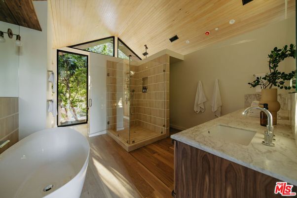 Bathroom, Free Standing Baths, Glass Shower, Interior, Recessed Lighting, Wooden Ceilings, Wood Texture Flooring