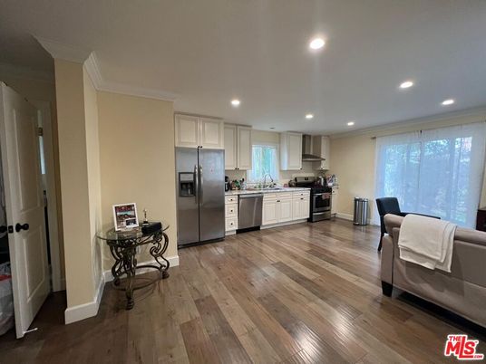 Interior, Kitchen, Recessed Lighting, Stainless Steel Appliances, Wood Texture Flooring