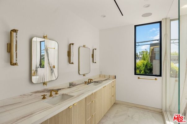 Bathroom, Dual Sink Vanities, Glass Shower, Interior, Marble, Recessed Lighting