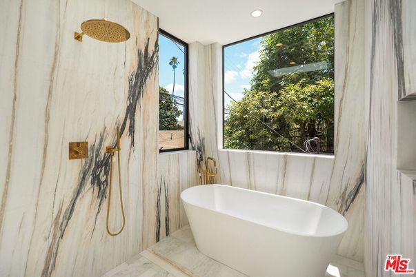 Bathroom, Free Standing Baths, Interior, Marble, Marble Walls, Recessed Lighting