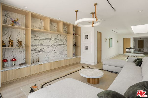 Interior, Living room, Marble Walls, Recessed Lighting, Wood Texture Flooring