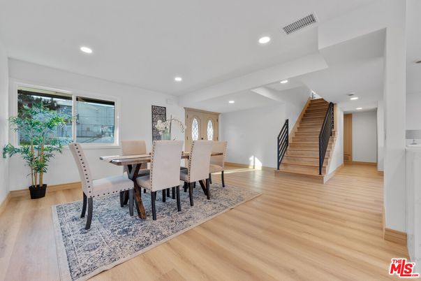 Dining room, Interior, Recessed Lighting, Wood Texture Flooring