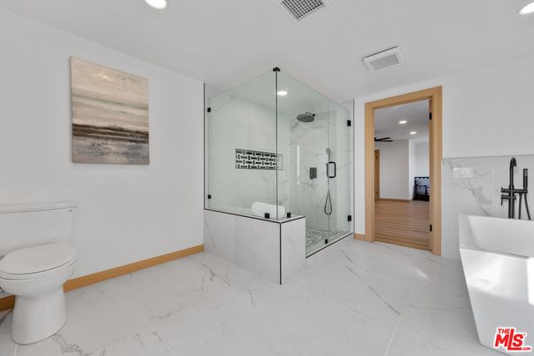 Bathroom, Glass Shower, Interior, Marble, Marble Walls, Recessed Lighting